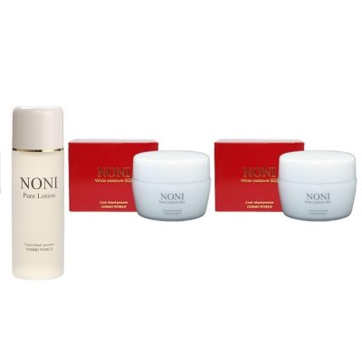 画像1: 【ノニピュアローション(ノニ無添加化粧品）】 120ml/1本＆【ノニホワイトモイスチャーゲル(お肌を保護するノニ無添加化粧品）】150g/2個＋取扱説明書つき万能レジ袋セット
