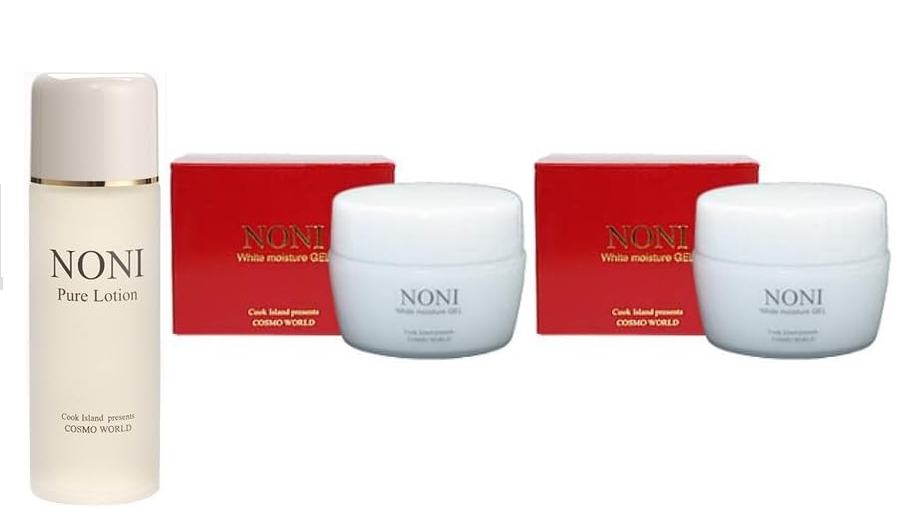【ノニピュアローション(ノニ無添加化粧品）】 120ml/1本＆【ノニホワイトモイスチャーゲル(お肌を保護するノニ無添加化粧品）】150g/2個＋取扱説明書つき万能レジ袋セット